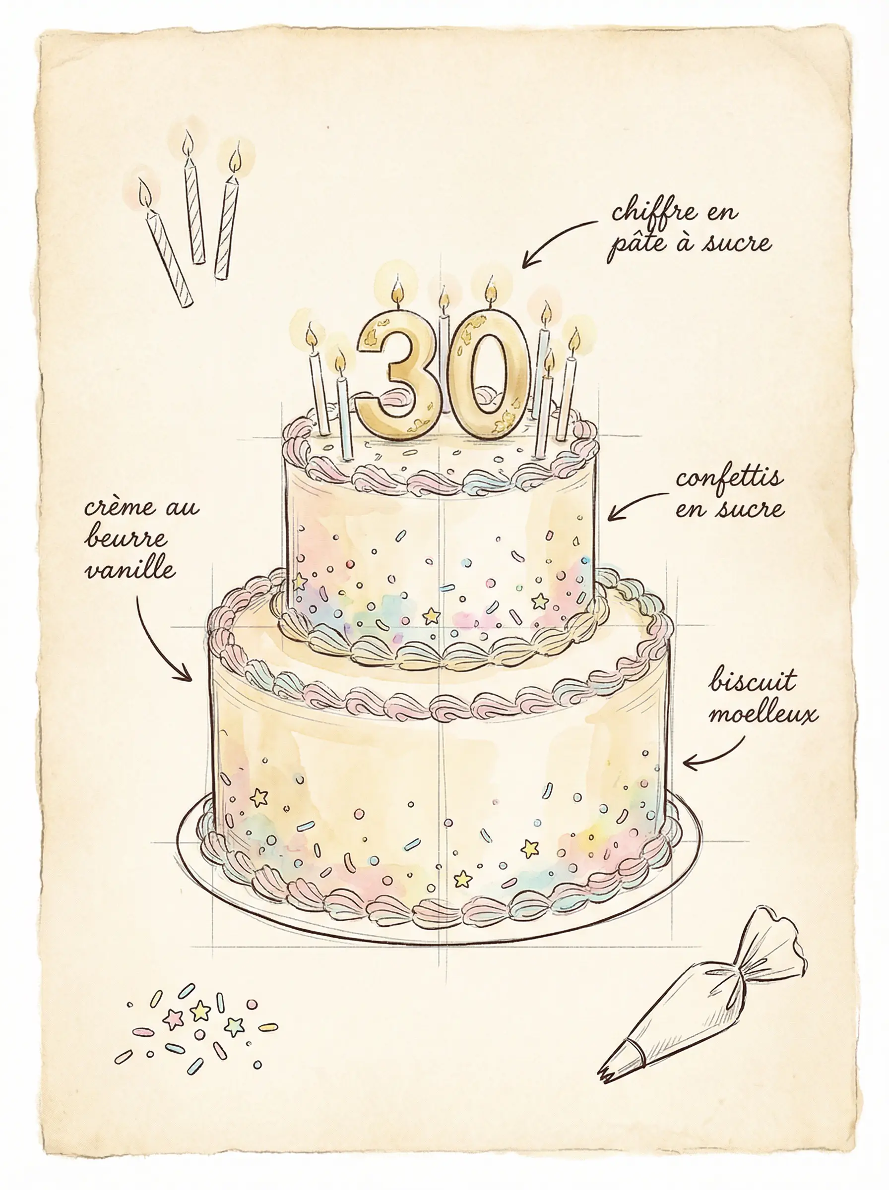 Croquis d'un gâteau d'anniversaire personnalisé avec plusieurs étages
