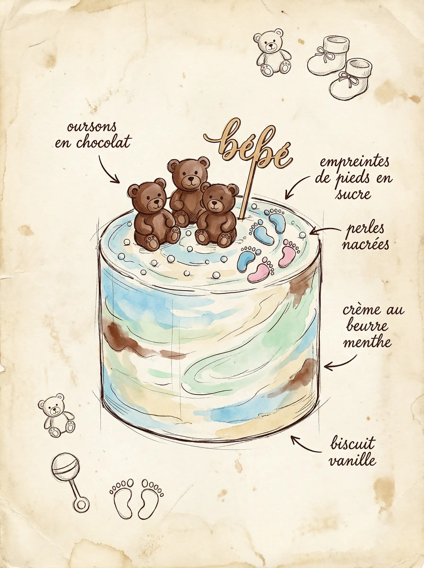 Croquis d'un smash cake pour le premier anniversaire d'un bébé