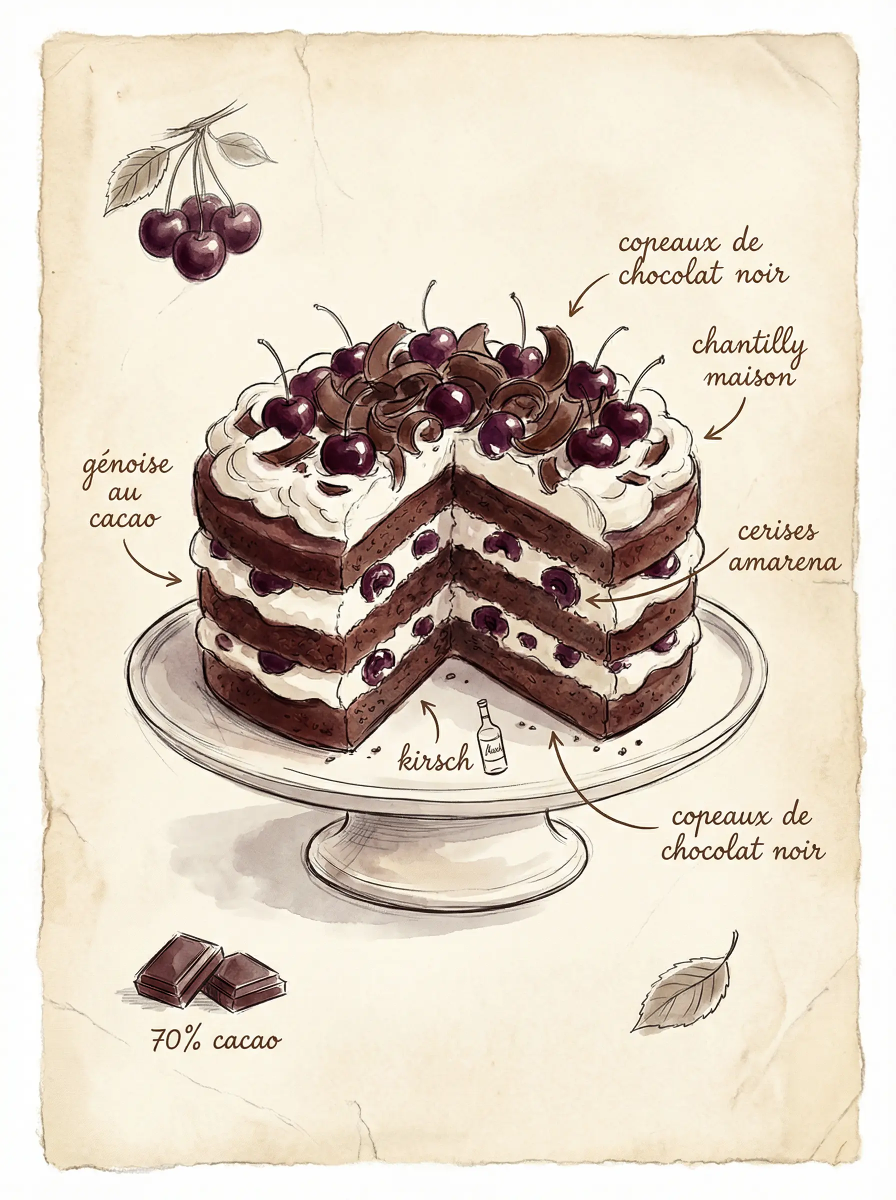 Croquis d'un gâteau forêt noire avec cerises et copeaux de chocolat