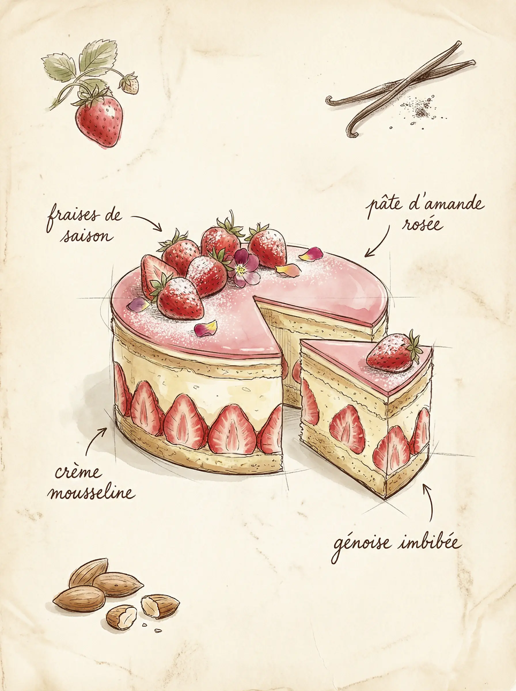Croquis d'un fraisier avec fraises fraîches et crème mousseline