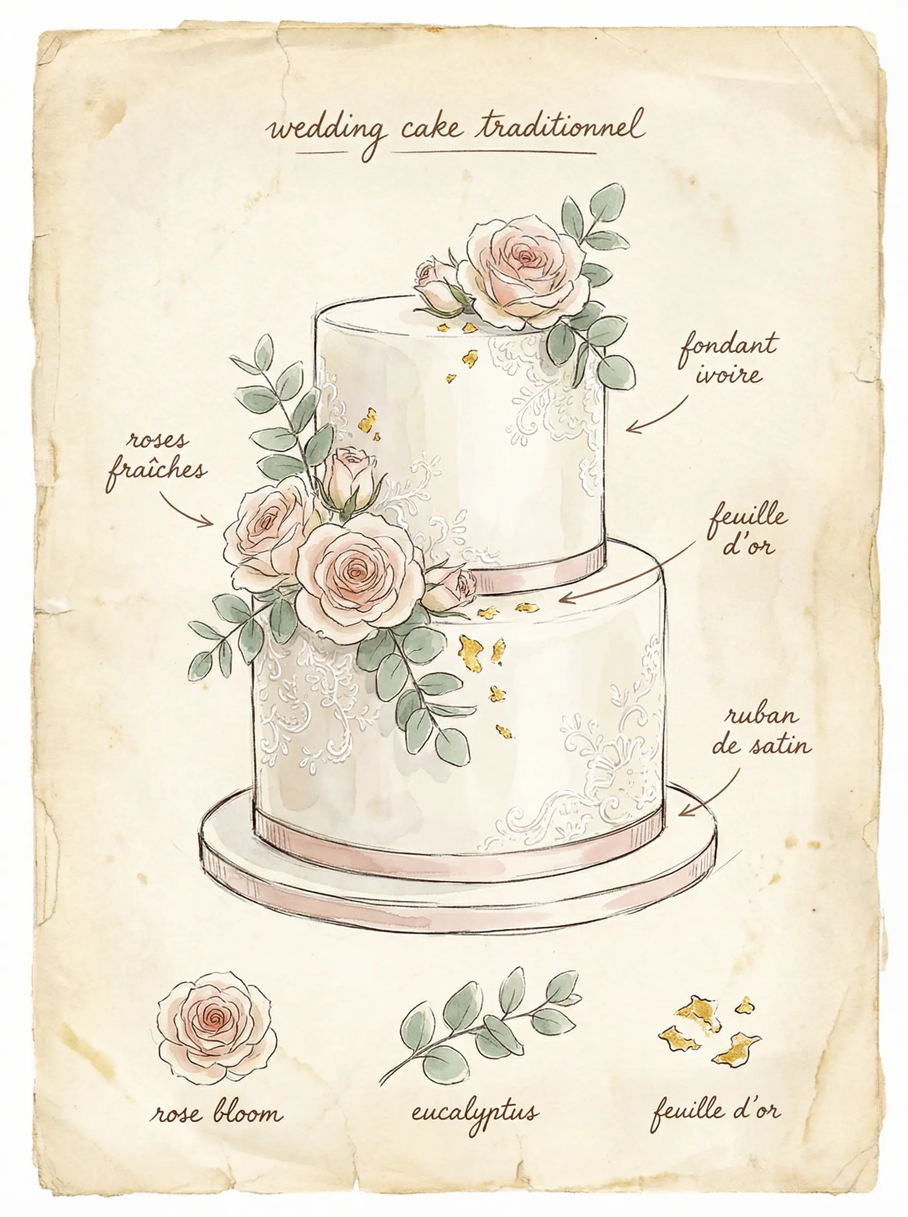 Croquis d'un gâteau de mariage élégant avec décoration florale