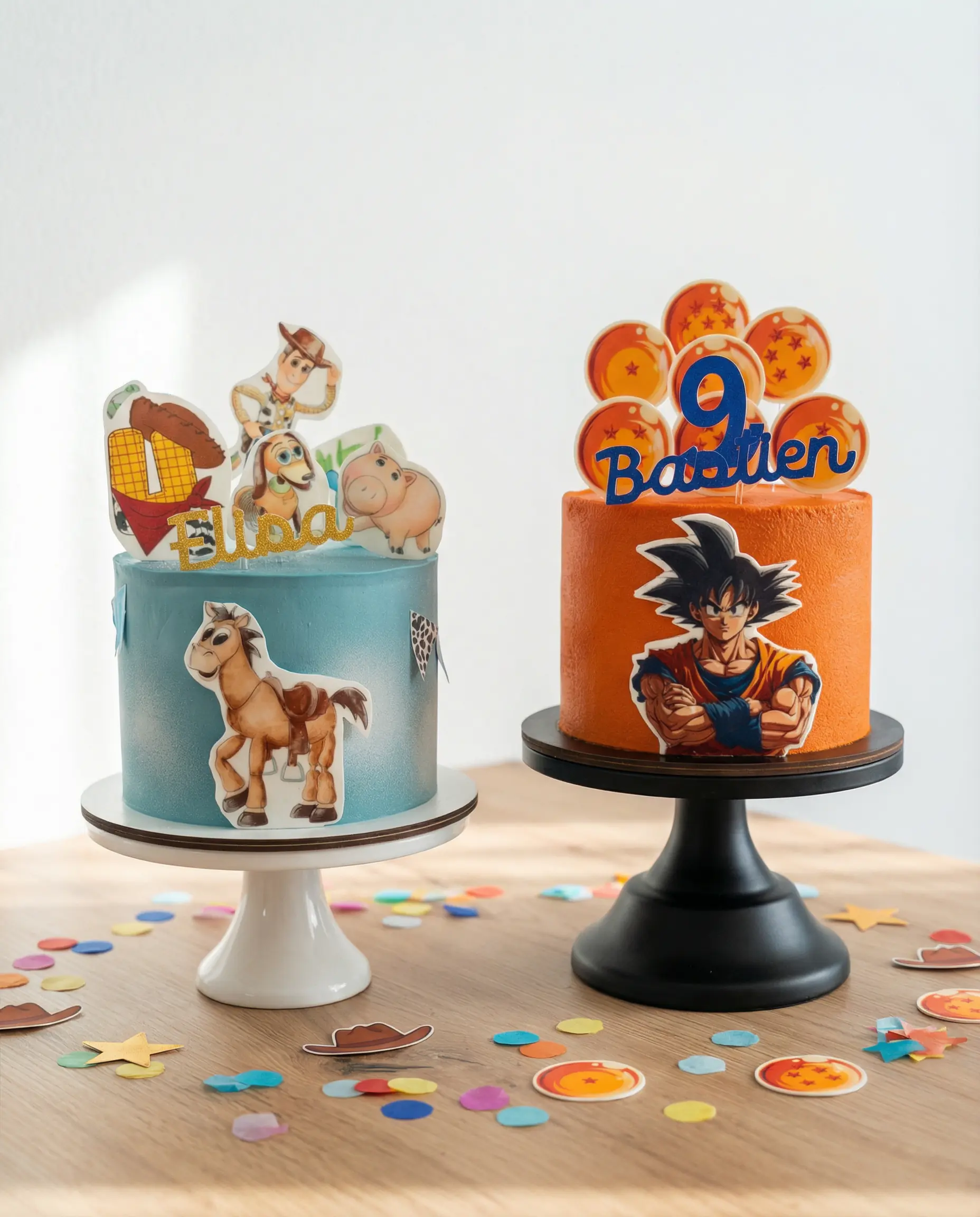 Duo de gâteaux d'anniversaire bleu et orange style cartoon
