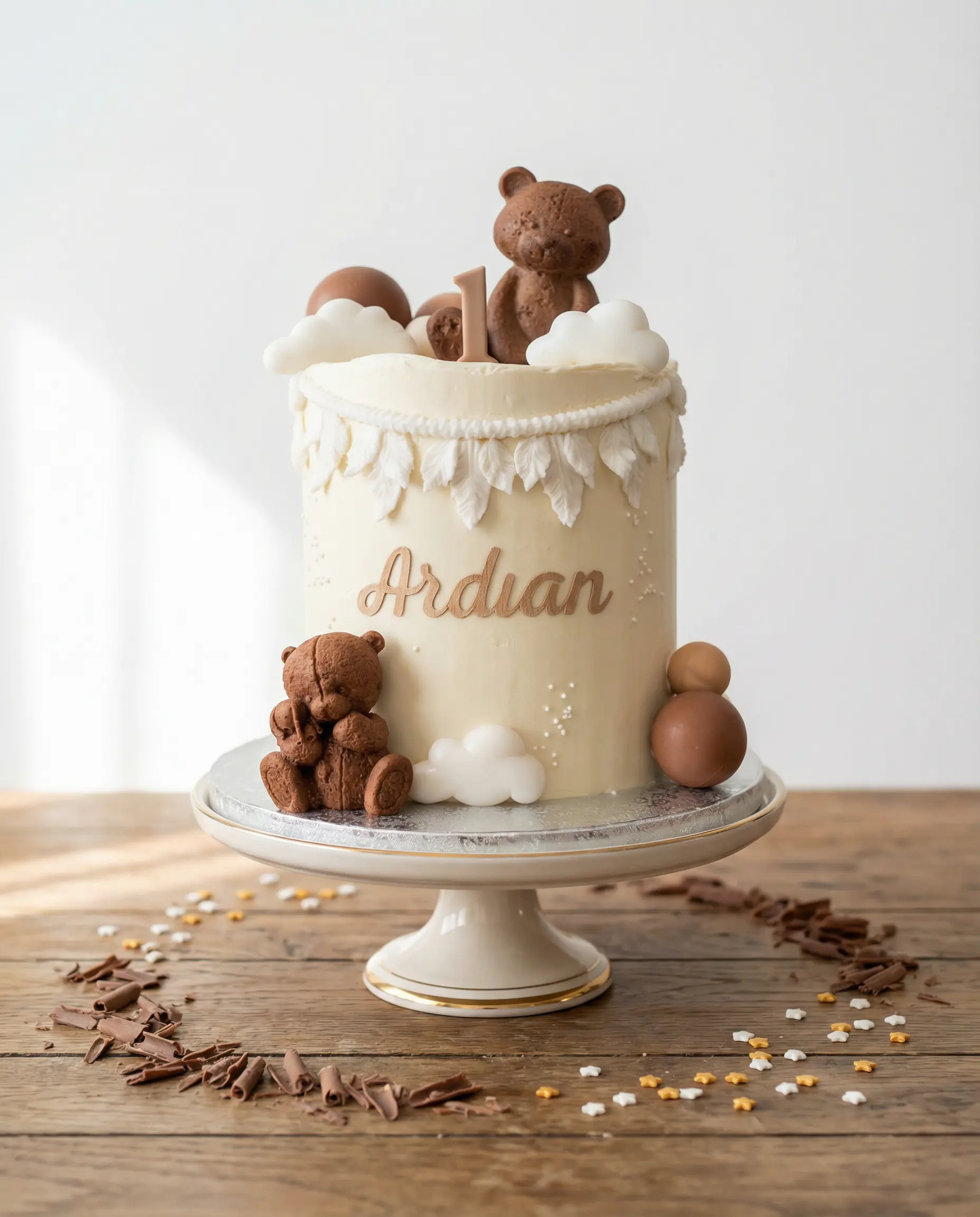 Gâteau premier anniversaire bébé avec oursons en chocolat blanc