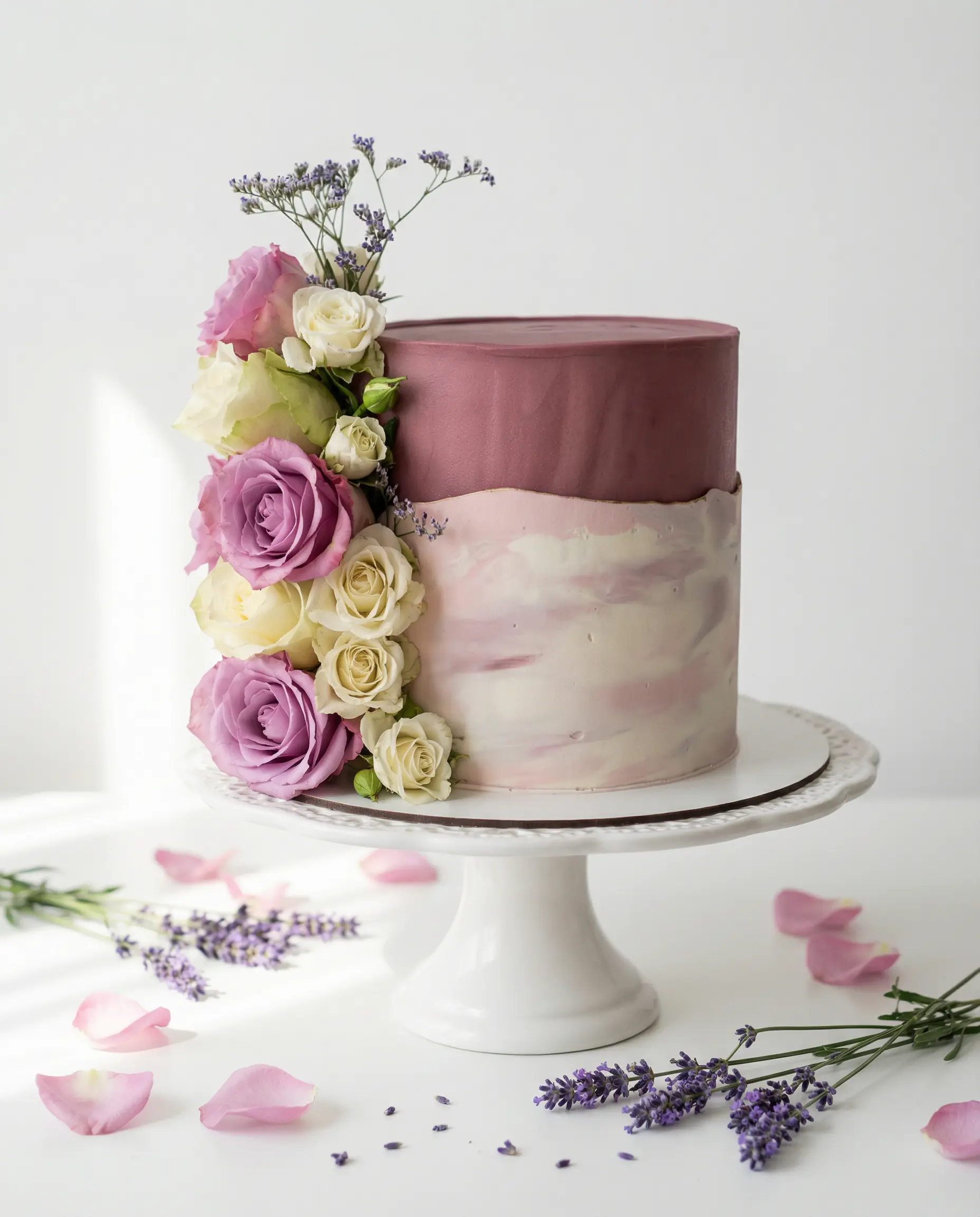 Gâteau violet et rose avec fleurs décoratives