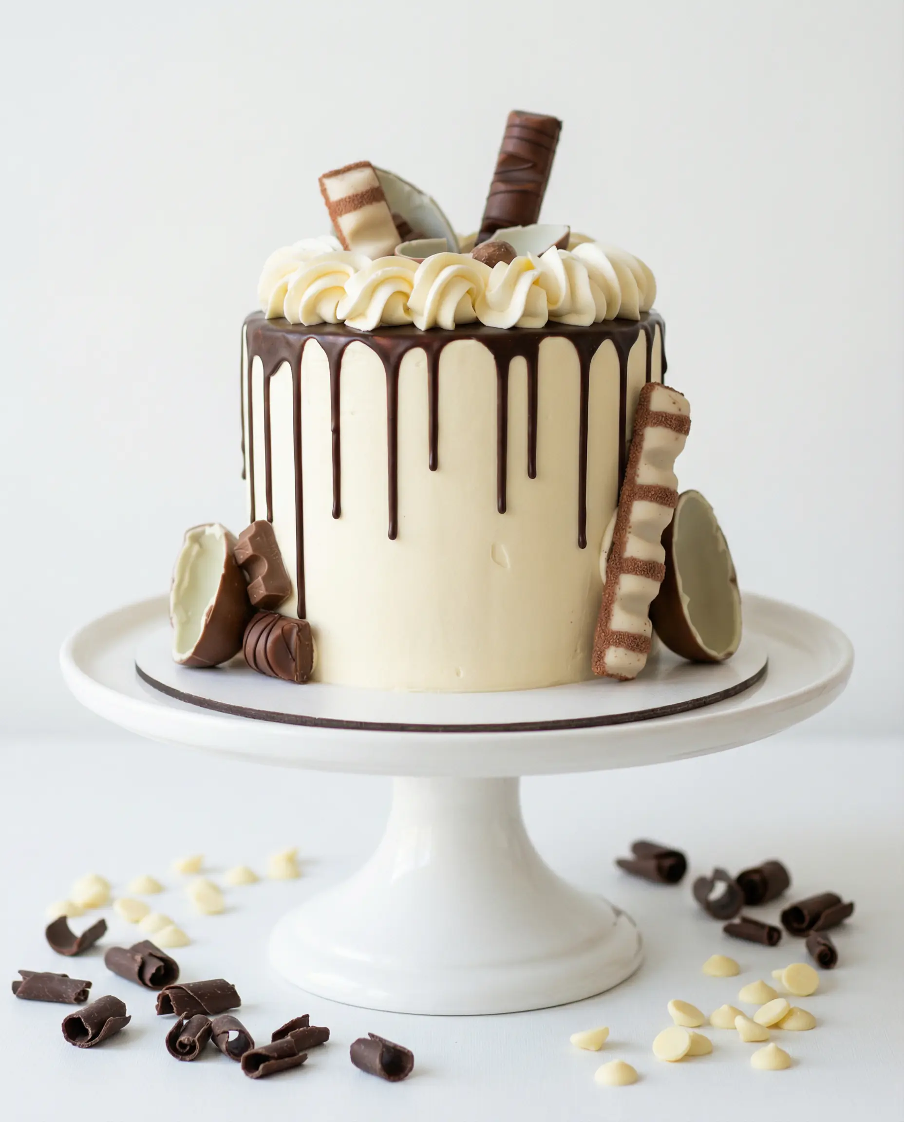 Drip cake blanc avec décoration chocolat et Kinder artisanal