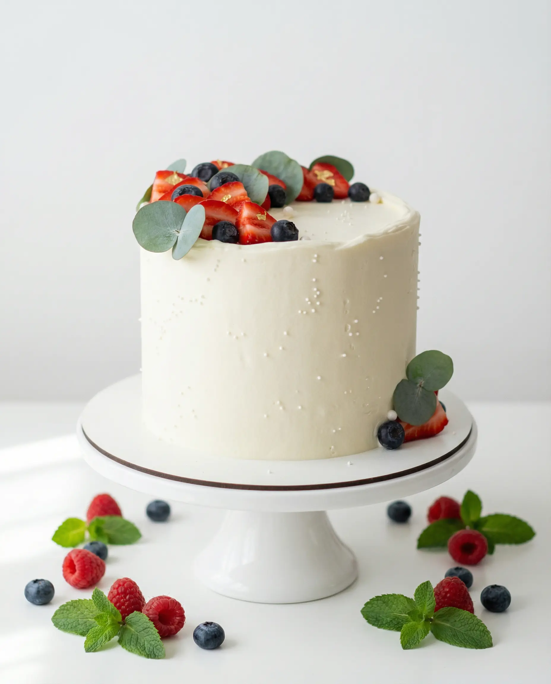 Gâteau blanc garni de fruits rouges frais