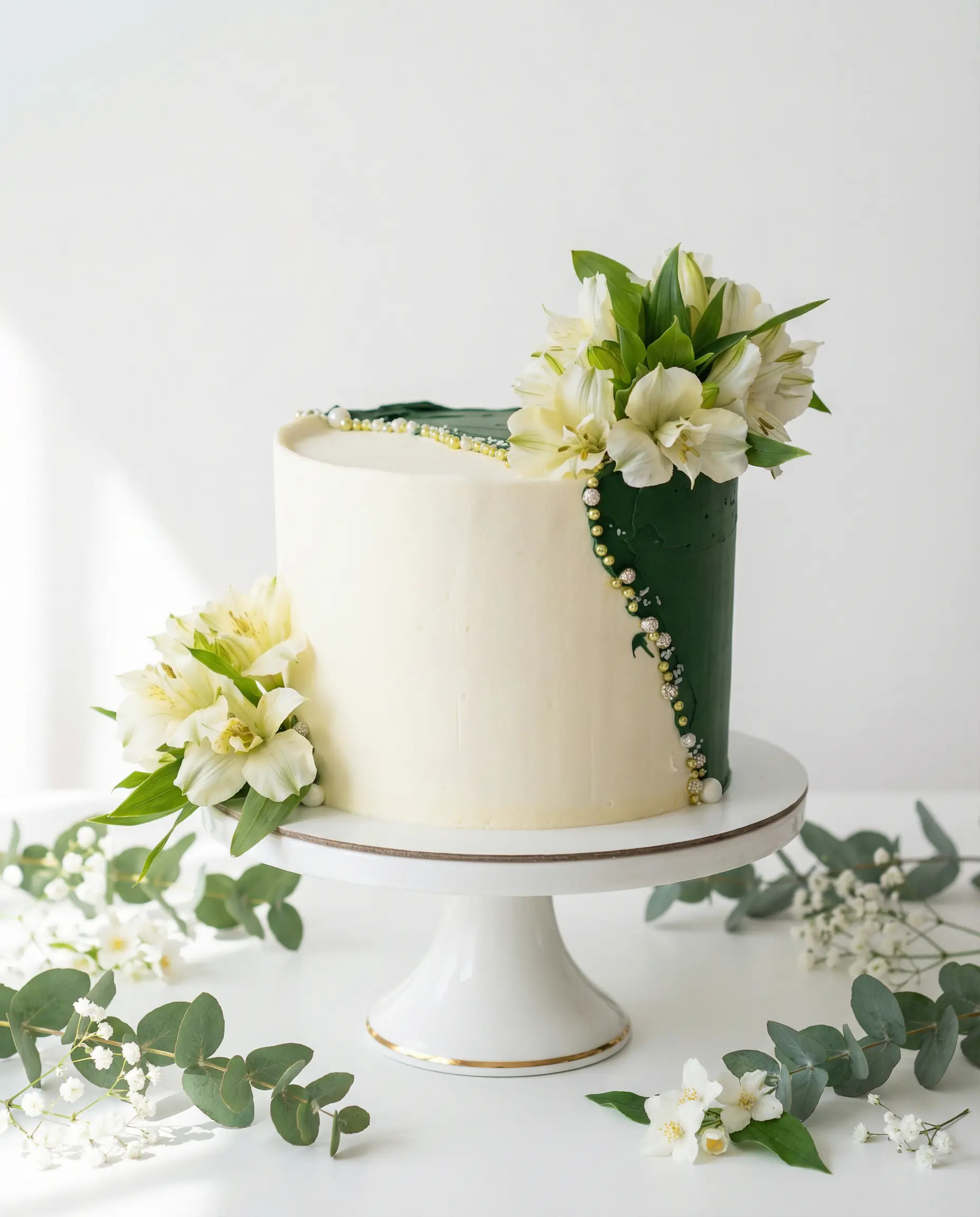 Gâteau de mariage blanc et vert avec touches florales